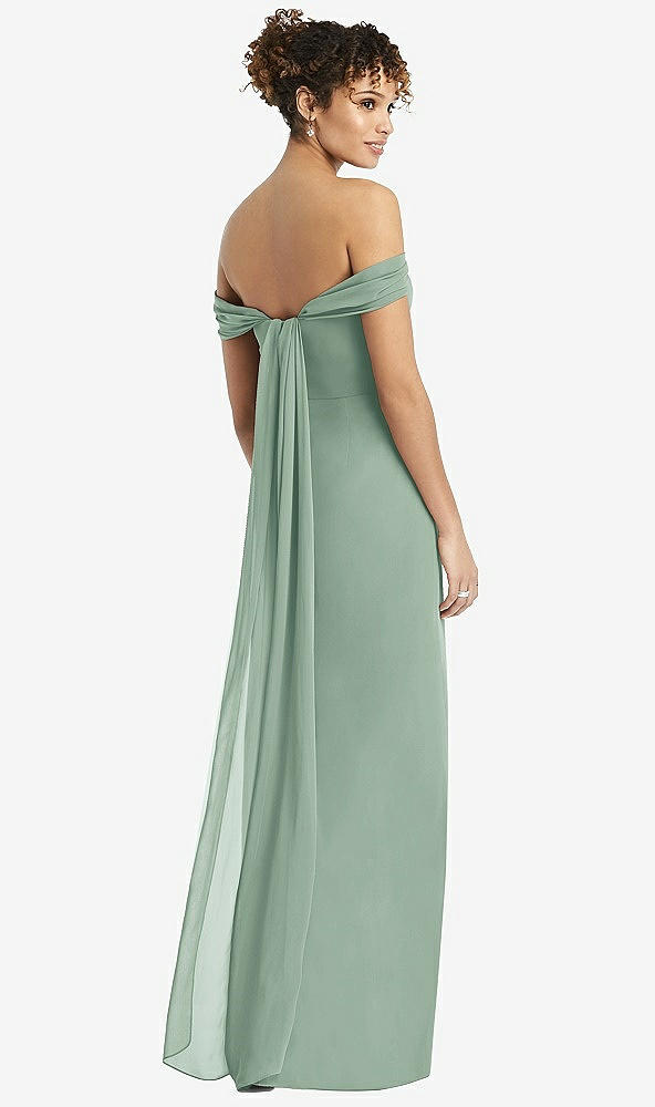 Back View - Seagrass Draped Off-the-Shoulder Maxi Dress with Shirred Streamer