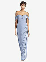 Front View Thumbnail - Sky Blue Draped Off-the-Shoulder Maxi Dress with Shirred Streamer