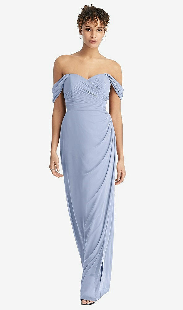 Front View - Sky Blue Draped Off-the-Shoulder Maxi Dress with Shirred Streamer