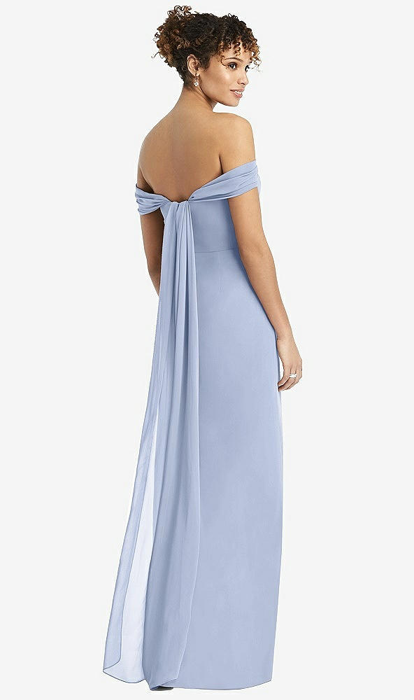 Back View - Sky Blue Draped Off-the-Shoulder Maxi Dress with Shirred Streamer