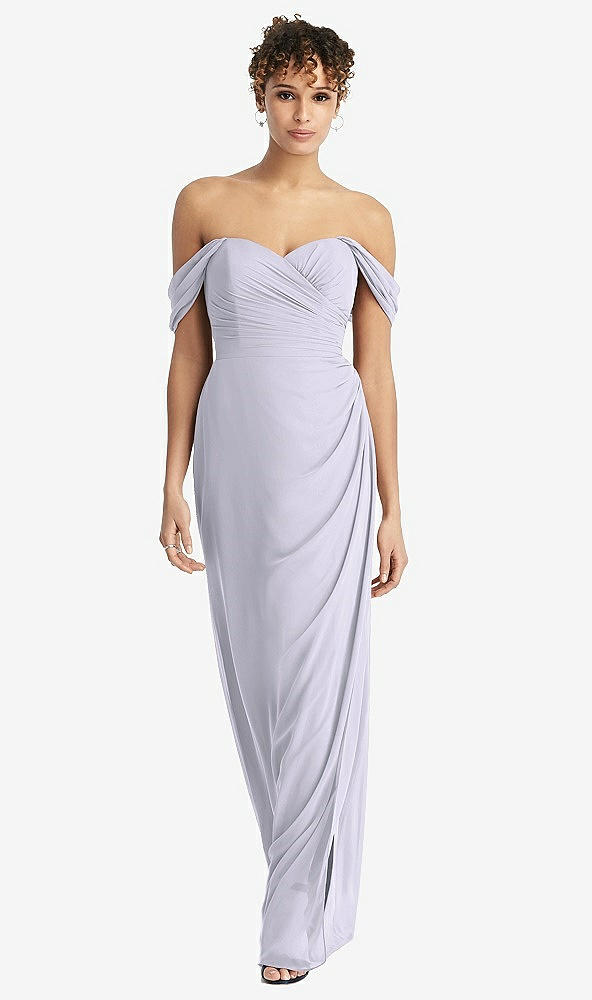 Front View - Silver Dove Draped Off-the-Shoulder Maxi Dress with Shirred Streamer