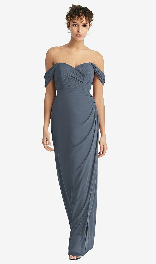 Front View - Silverstone Draped Off-the-Shoulder Maxi Dress with Shirred Streamer