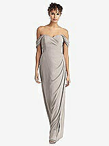 Front View Thumbnail - Taupe Draped Off-the-Shoulder Maxi Dress with Shirred Streamer