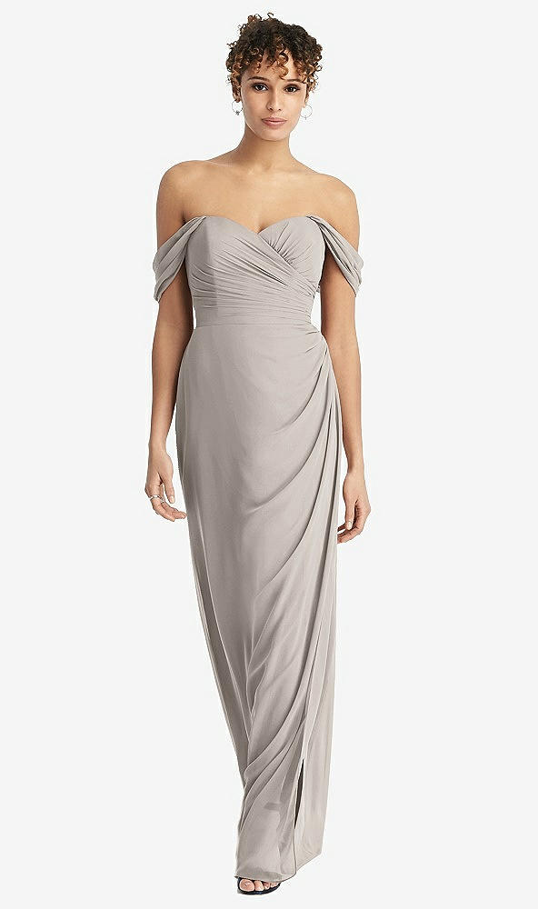 Front View - Taupe Draped Off-the-Shoulder Maxi Dress with Shirred Streamer