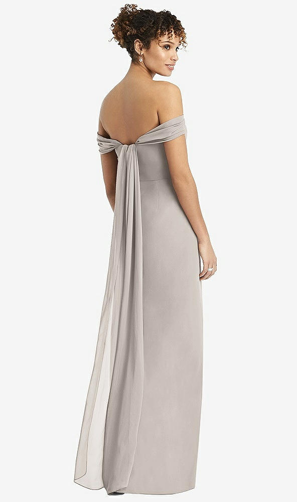 Back View - Taupe Draped Off-the-Shoulder Maxi Dress with Shirred Streamer