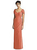 Alt View 1 Thumbnail - Terracotta Copper Draped Off-the-Shoulder Maxi Dress with Shirred Streamer