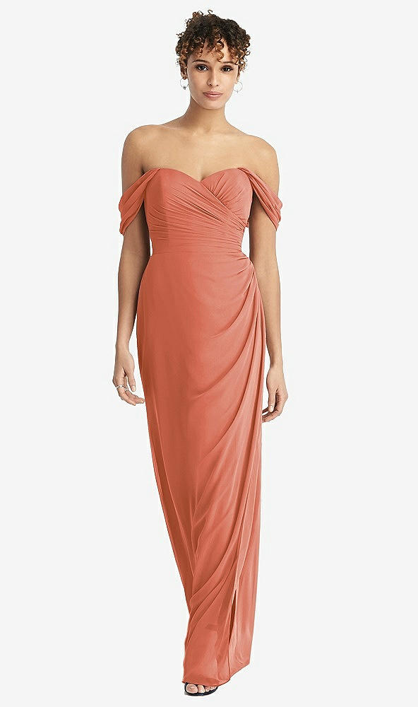 Front View - Terracotta Copper Draped Off-the-Shoulder Maxi Dress with Shirred Streamer