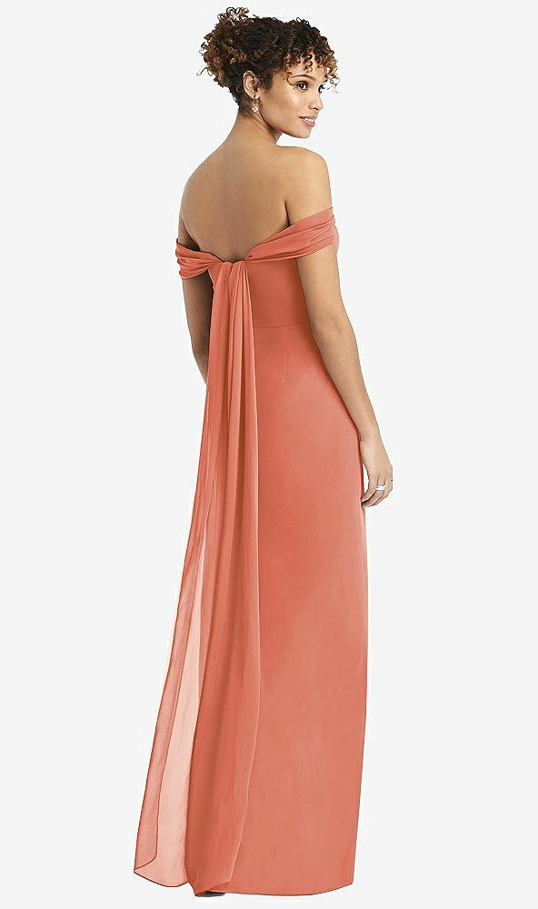Back View - Terracotta Copper Draped Off-the-Shoulder Maxi Dress with Shirred Streamer