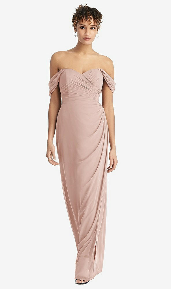 Front View - Toasted Sugar Draped Off-the-Shoulder Maxi Dress with Shirred Streamer