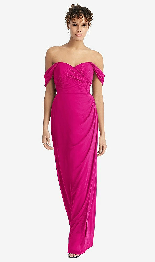 Front View - Think Pink Draped Off-the-Shoulder Maxi Dress with Shirred Streamer