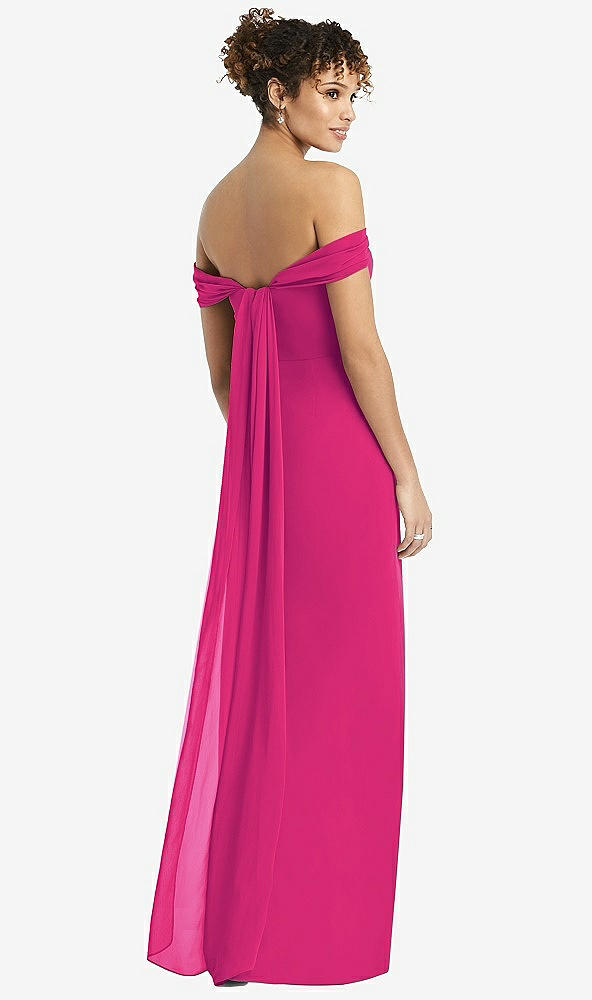Back View - Think Pink Draped Off-the-Shoulder Maxi Dress with Shirred Streamer