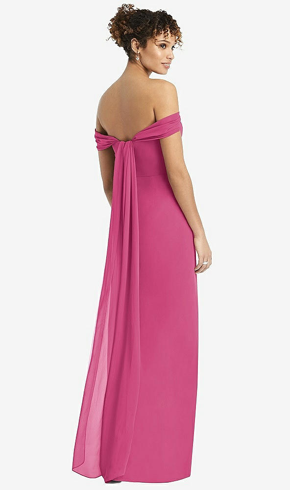 Back View - Tea Rose Draped Off-the-Shoulder Maxi Dress with Shirred Streamer