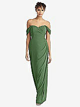 Front View Thumbnail - Vineyard Green Draped Off-the-Shoulder Maxi Dress with Shirred Streamer