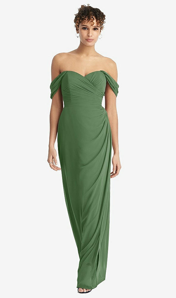 Front View - Vineyard Green Draped Off-the-Shoulder Maxi Dress with Shirred Streamer