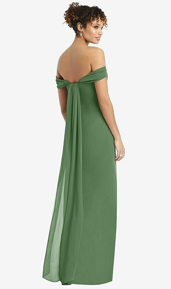 Back View - Vineyard Green Draped Off-the-Shoulder Maxi Dress with Shirred Streamer