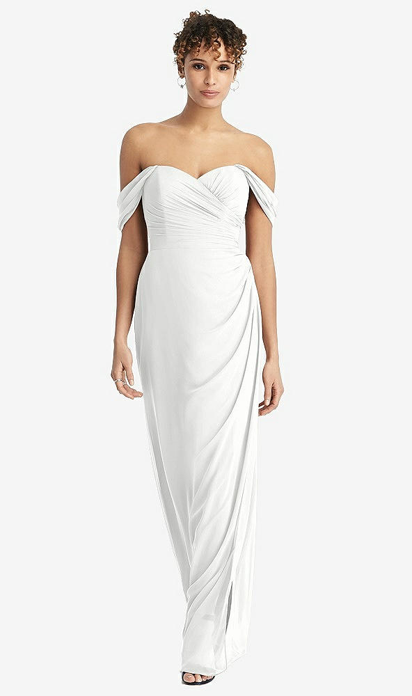 Front View - White Draped Off-the-Shoulder Maxi Dress with Shirred Streamer
