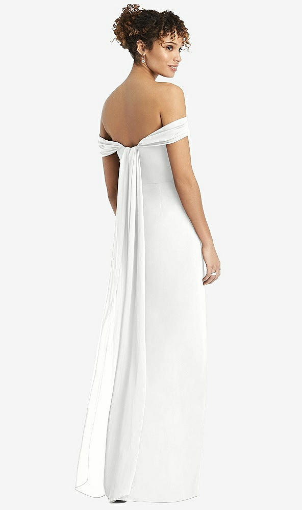 Back View - White Draped Off-the-Shoulder Maxi Dress with Shirred Streamer