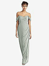 Front View Thumbnail - Willow Green Draped Off-the-Shoulder Maxi Dress with Shirred Streamer