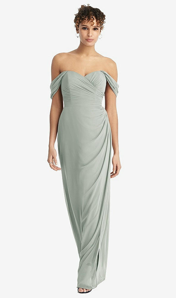 Front View - Willow Green Draped Off-the-Shoulder Maxi Dress with Shirred Streamer