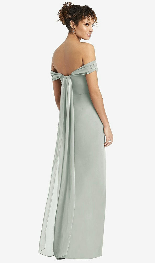 Back View - Willow Green Draped Off-the-Shoulder Maxi Dress with Shirred Streamer