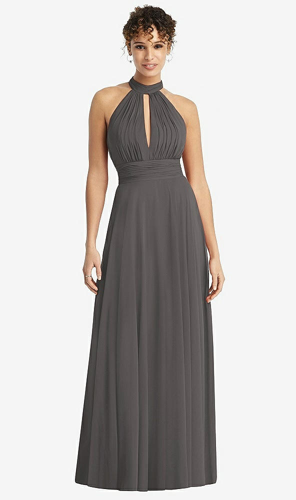 Front View - Caviar Gray High-Neck Open-Back Shirred Halter Maxi Dress