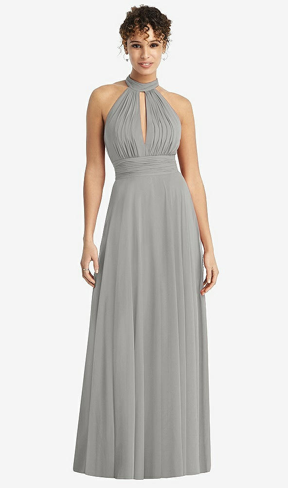 Front View - Chelsea Gray High-Neck Open-Back Shirred Halter Maxi Dress