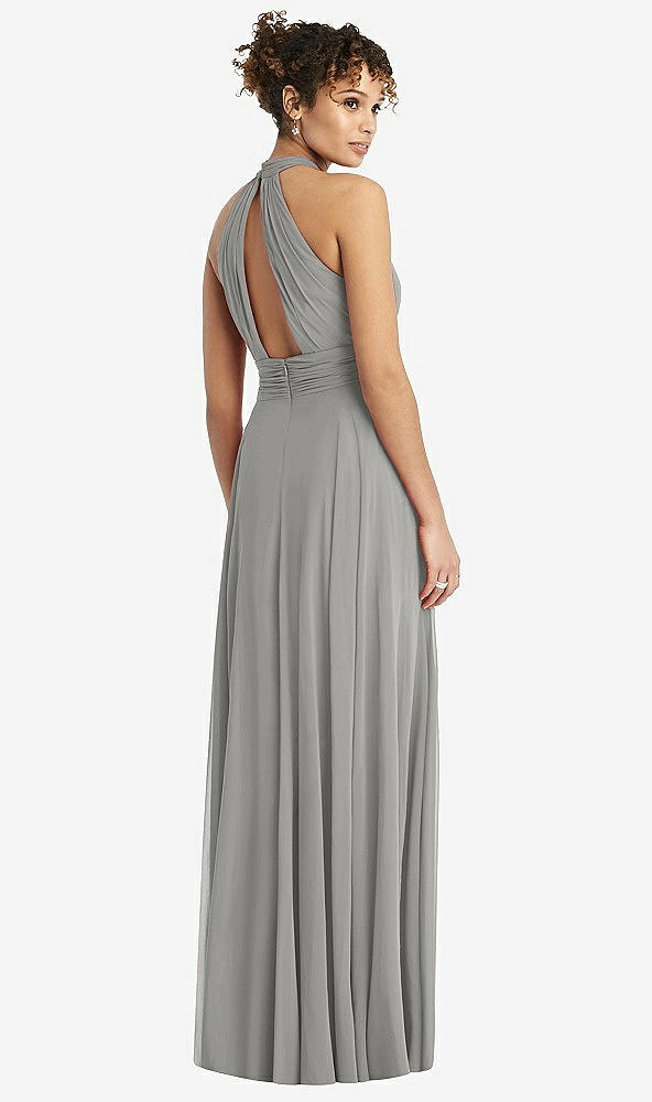 Back View - Chelsea Gray High-Neck Open-Back Shirred Halter Maxi Dress