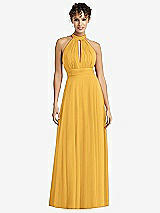 Front View Thumbnail - NYC Yellow High-Neck Open-Back Shirred Halter Maxi Dress