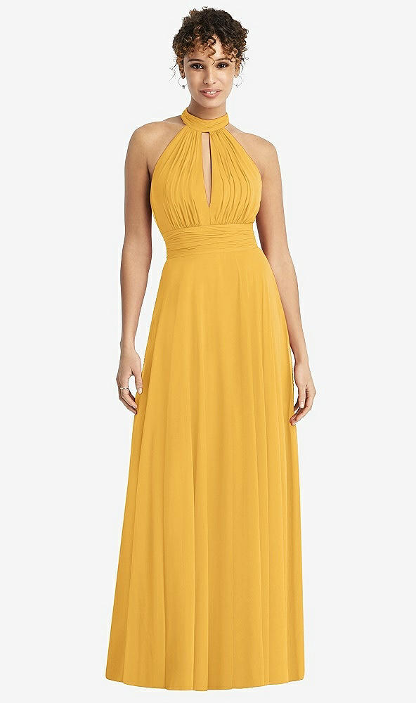 Front View - NYC Yellow High-Neck Open-Back Shirred Halter Maxi Dress
