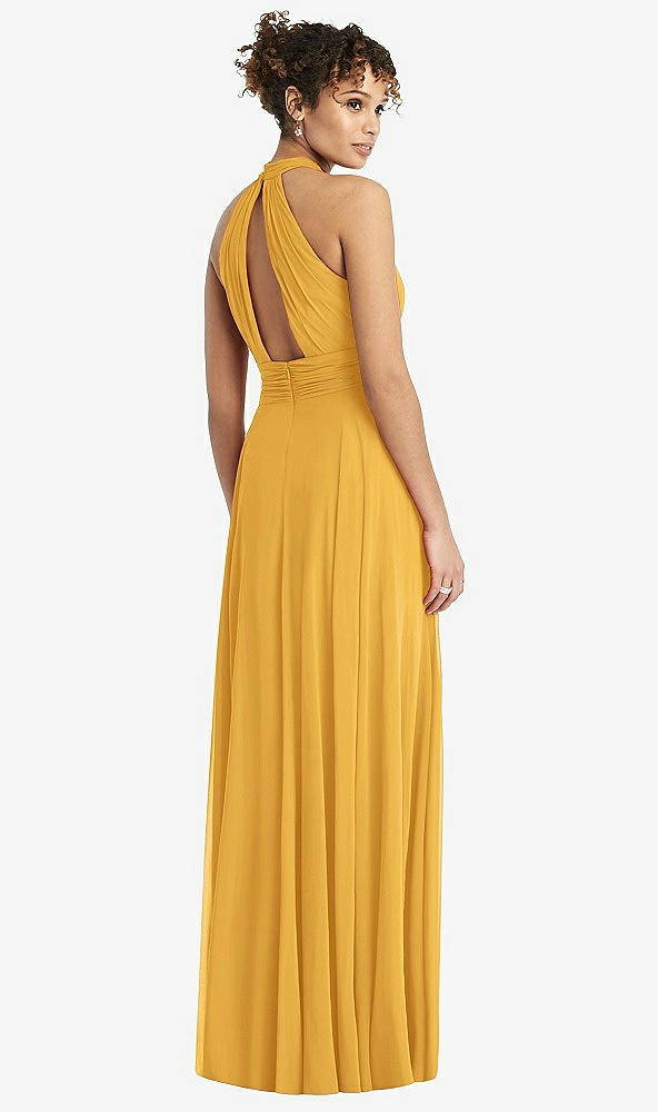 Back View - NYC Yellow High-Neck Open-Back Shirred Halter Maxi Dress