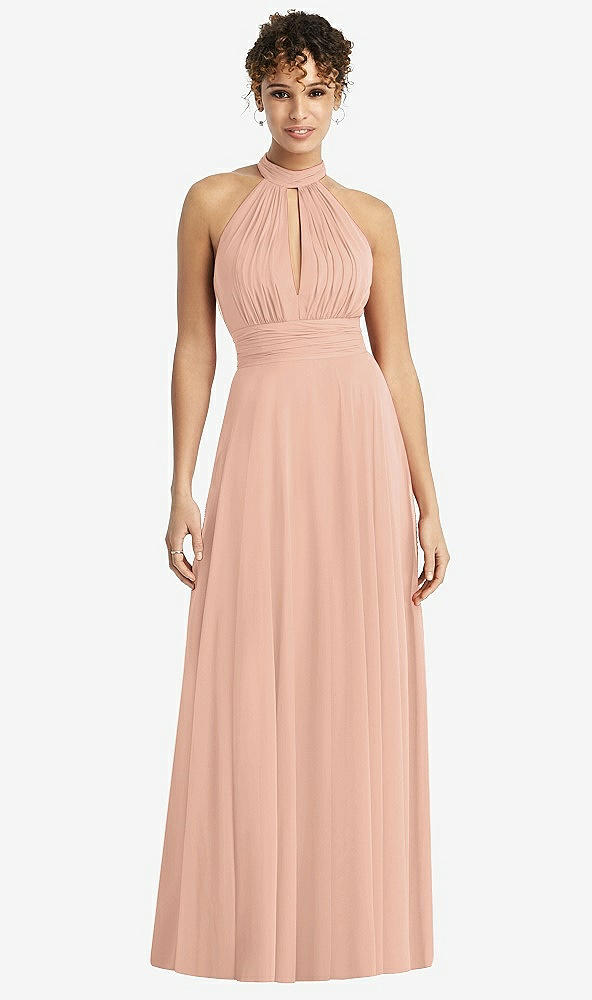 Front View - Pale Peach High-Neck Open-Back Shirred Halter Maxi Dress