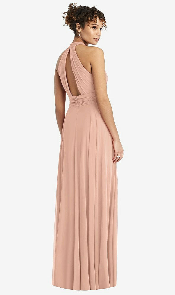 Back View - Pale Peach High-Neck Open-Back Shirred Halter Maxi Dress