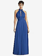 Front View Thumbnail - Classic Blue High-Neck Open-Back Shirred Halter Maxi Dress