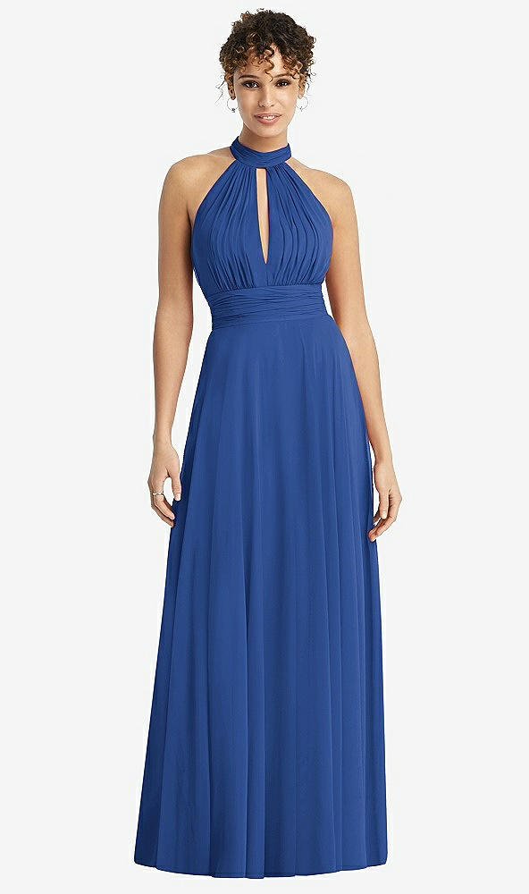 Front View - Classic Blue High-Neck Open-Back Shirred Halter Maxi Dress