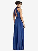 Rear View Thumbnail - Classic Blue High-Neck Open-Back Shirred Halter Maxi Dress