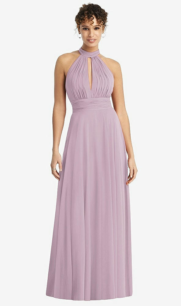 Front View - Suede Rose High-Neck Open-Back Shirred Halter Maxi Dress
