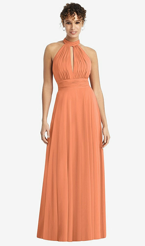 Front View - Sweet Melon High-Neck Open-Back Shirred Halter Maxi Dress