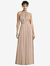 Front View Thumbnail - Topaz High-Neck Open-Back Shirred Halter Maxi Dress