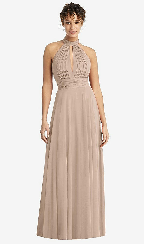 Front View - Topaz High-Neck Open-Back Shirred Halter Maxi Dress