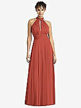 Front View Thumbnail - Amber Sunset High-Neck Open-Back Shirred Halter Maxi Dress