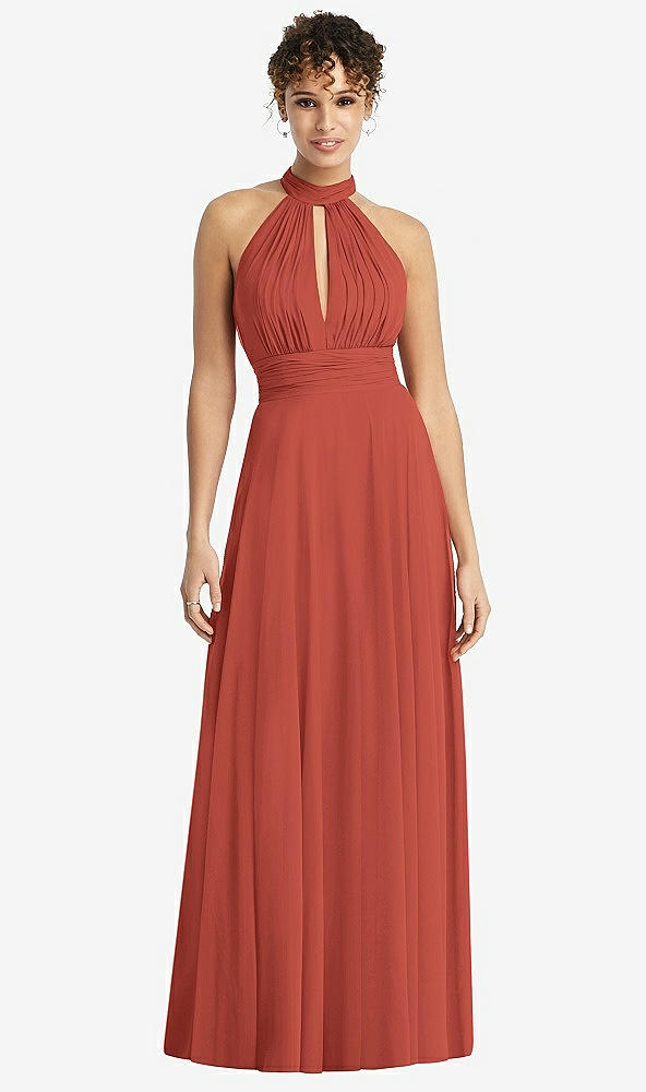 Front View - Amber Sunset High-Neck Open-Back Shirred Halter Maxi Dress
