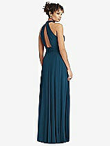 Rear View Thumbnail - Atlantic Blue High-Neck Open-Back Shirred Halter Maxi Dress