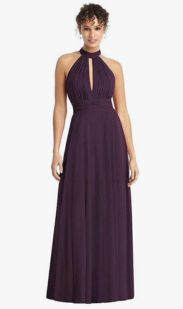 Front View - Aubergine High-Neck Open-Back Shirred Halter Maxi Dress