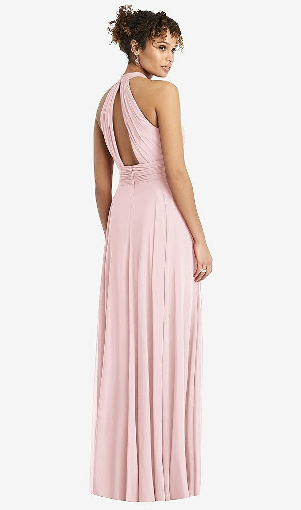 Back View - Ballet Pink High-Neck Open-Back Shirred Halter Maxi Dress