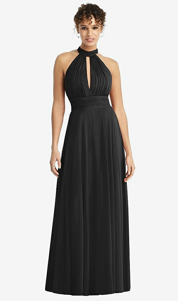 Front View - Black High-Neck Open-Back Shirred Halter Maxi Dress