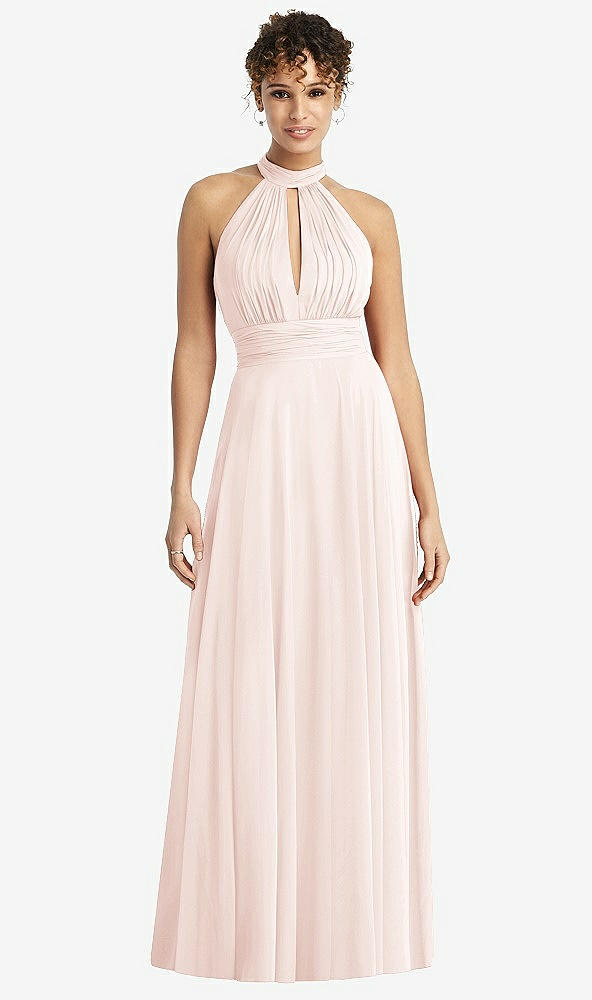 Front View - Blush High-Neck Open-Back Shirred Halter Maxi Dress