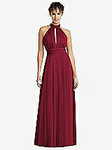 Front View Thumbnail - Burgundy High-Neck Open-Back Shirred Halter Maxi Dress