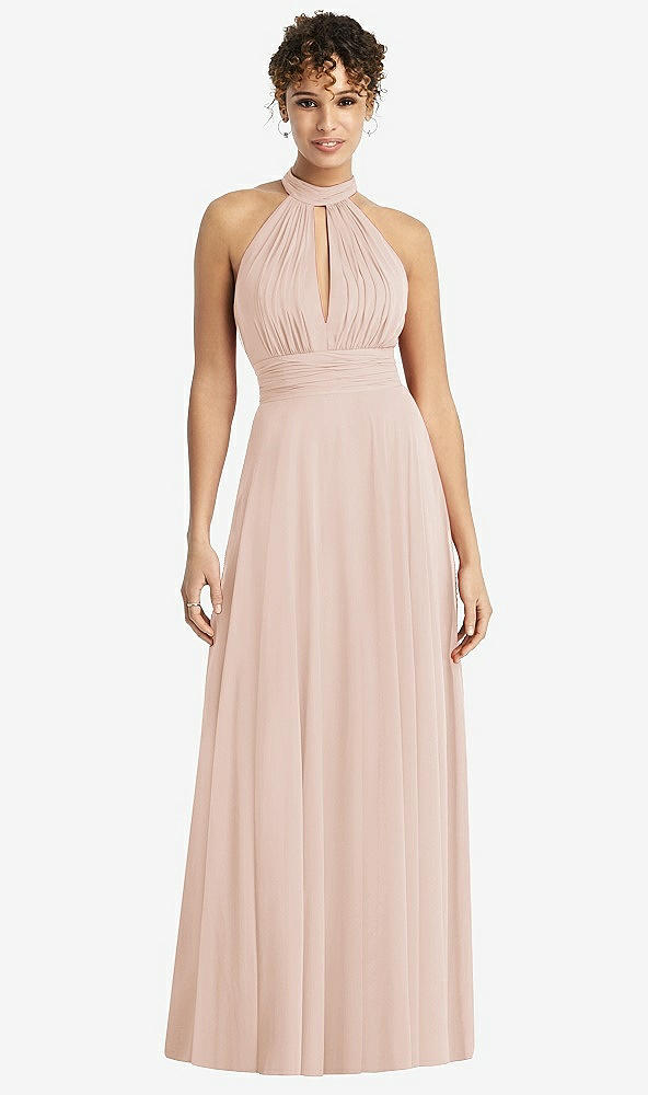 Front View - Cameo High-Neck Open-Back Shirred Halter Maxi Dress
