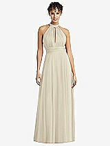 Front View Thumbnail - Champagne High-Neck Open-Back Shirred Halter Maxi Dress