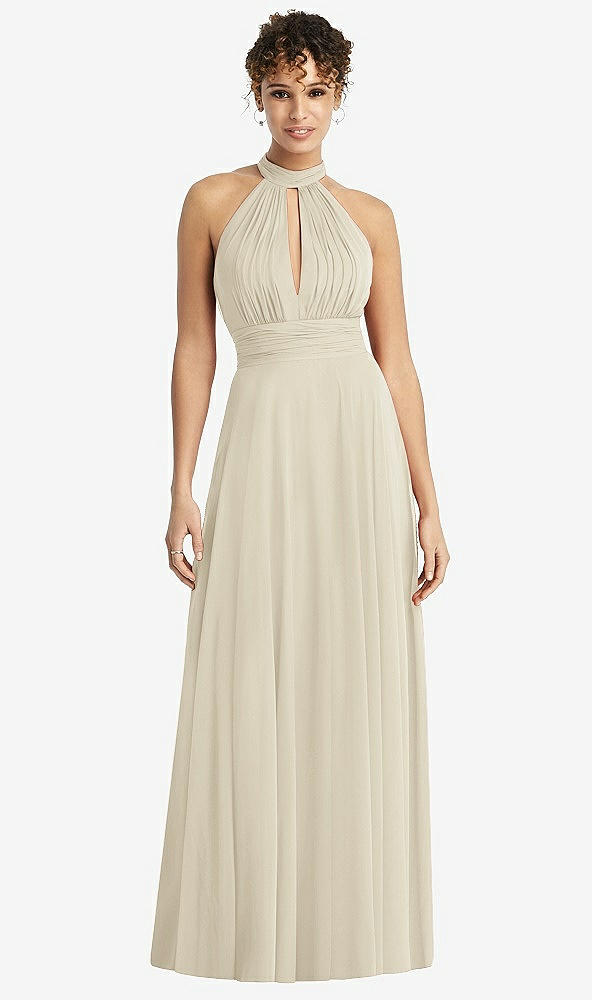 Front View - Champagne High-Neck Open-Back Shirred Halter Maxi Dress
